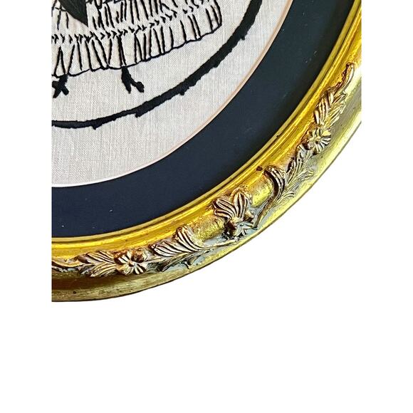 Vintage Needlepoint Silhouette Pair-Oval Gold Frame-Wall Art-Embroidery-Portrait - Picture 5 of 7